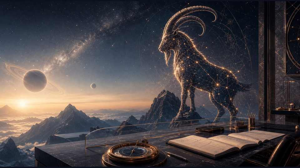 Capricornio trabajo con escritorio moderno y astros